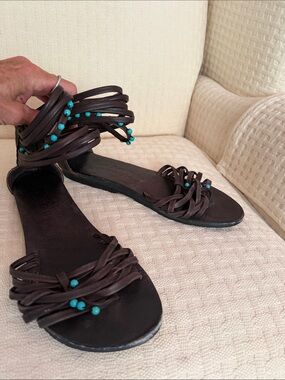 Brown Leather Strappy Sandals with Turquoise Bead Details by JP &Mattie for Arha